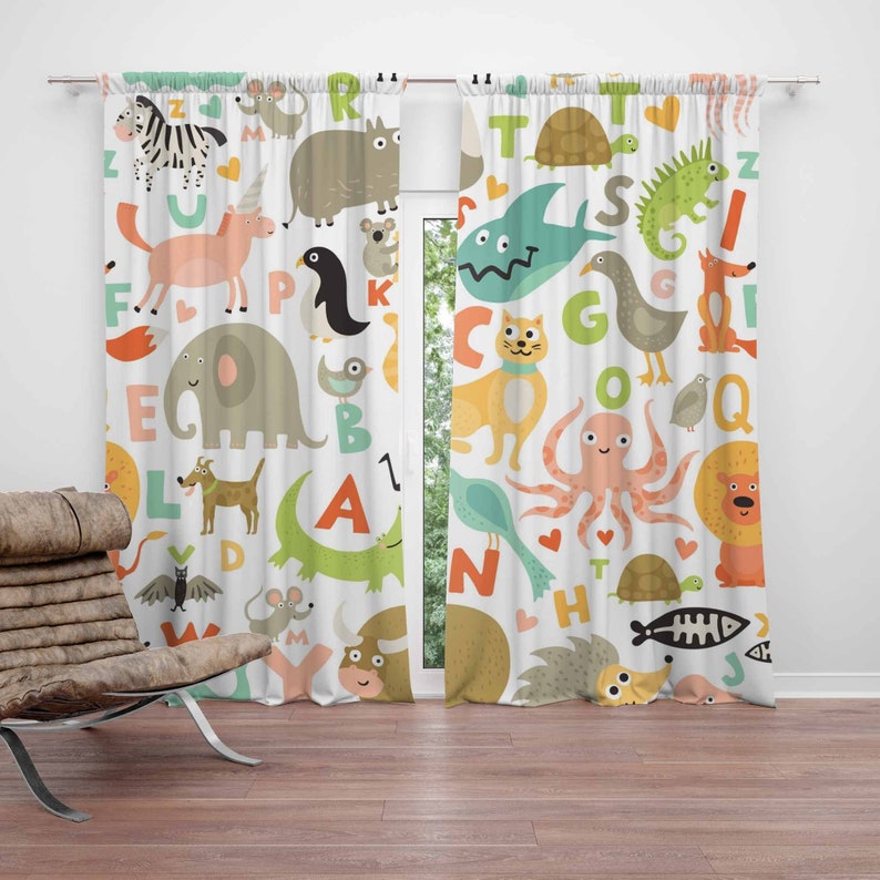 Baby Nursery Blackout Curtains - ABC アルファベット柄の保育園用カーテン、動物柄、子供部屋、遮光、保育園の装飾、ベビー部屋のカーテン、寝室、リビングルームのカーテン