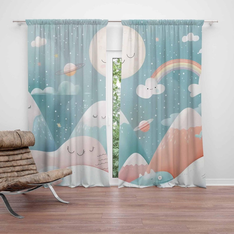 Baby Nursery Blackout Curtains - マウンテンレインボーベビー保育園カーテンクラウドムーンキッズベッドルーム遮光保育園装飾ベビールームカーテンプレイルーム