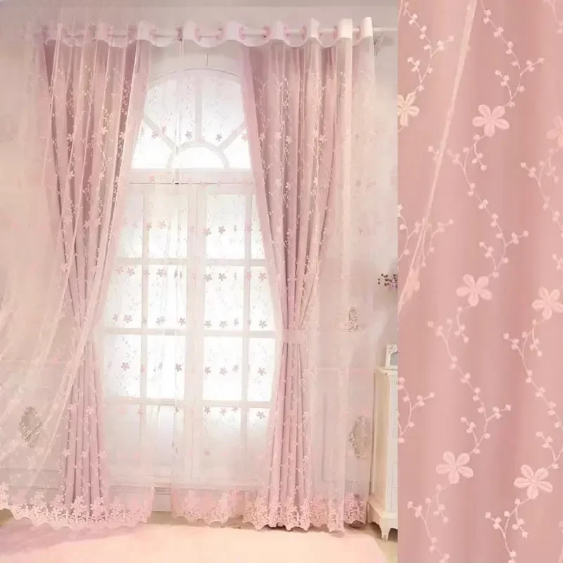 Baby Nursery Blackout Curtains - 1PC 韓国ピンク薄手のプリンセスカーテン女の子子供用リビングルーム寝室窓トリートメントロマンチックなスクリーン遮光カーテンなし