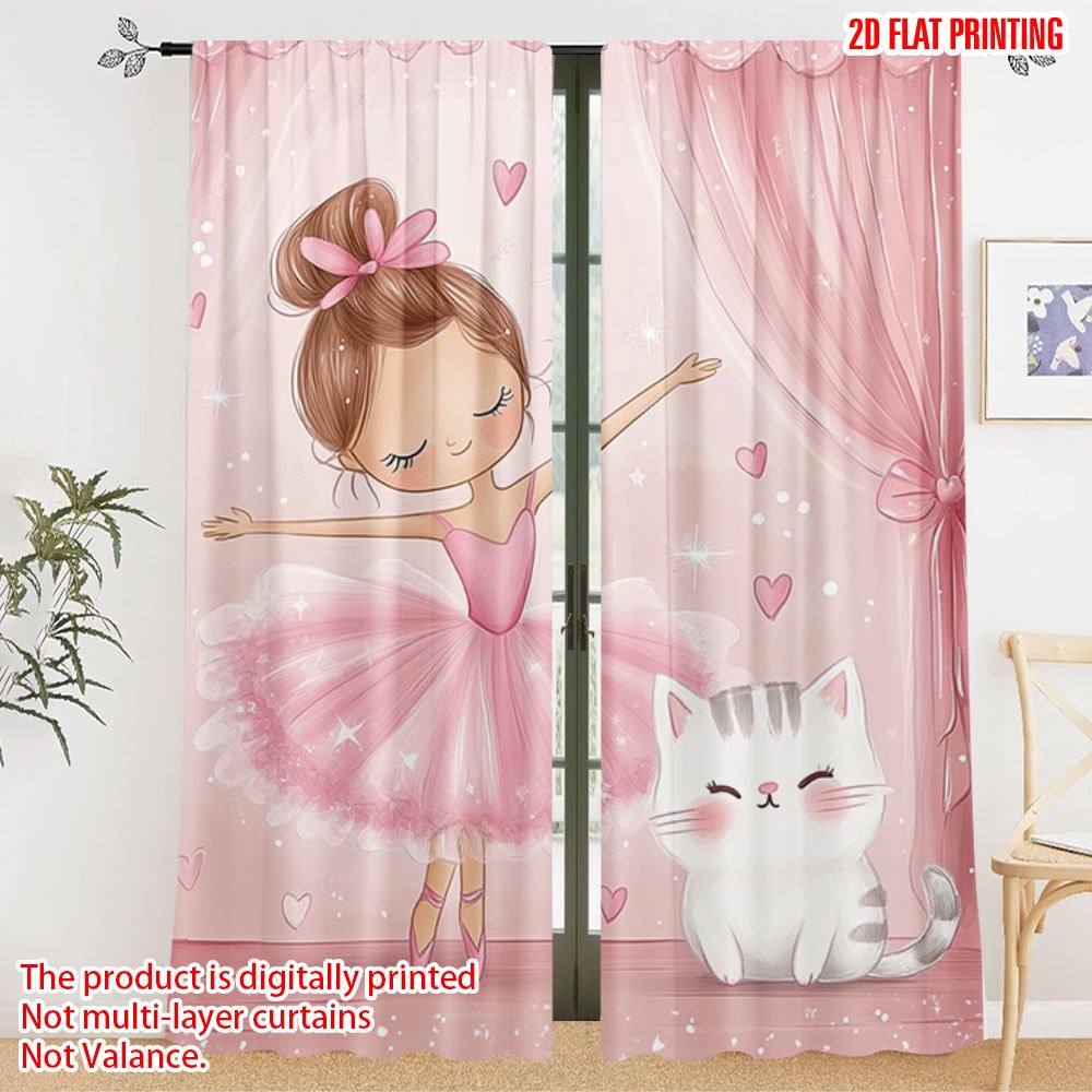 Baby Nursery Blackout Curtains - ピンクのバレリーナと猫の遮光カーテン - かわいい漫画の女の子のダンスプリントの窓用カーテン、子供部屋や保育園の装飾に