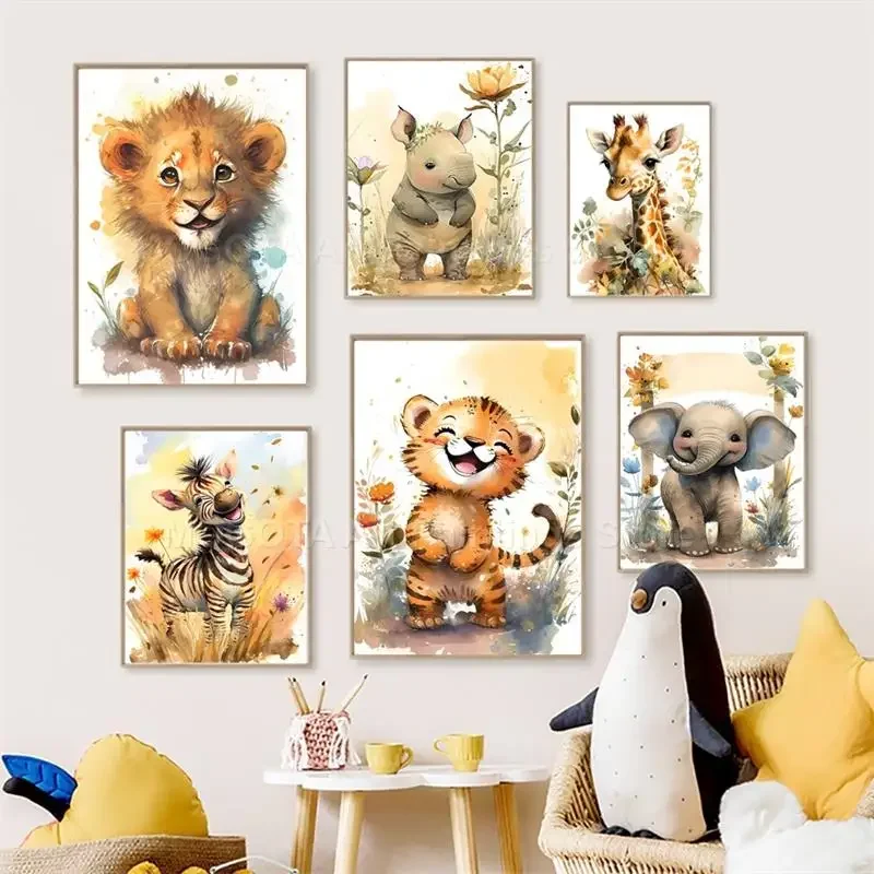 Baby Nursery Images - 水彩画ライオンキリン虎象ゼブラ保育園壁アートキャンバス絵画動物ポスタープリント写真ベビーキッズルームデコレーション