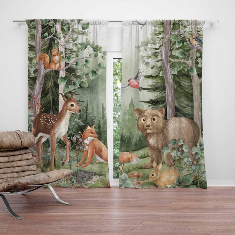 Baby Nursery Blackout Curtains - 森の動物カーテン子供保育園遮光保育園装飾ベビールームカーテン森の寝室リビングルームカーテン