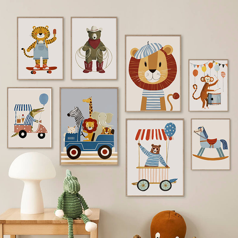 Baby Nursery Images - 面白い漫画の動物車風船保育園ウォールアートキャンバス絵画ライオンベアタイガーポスター＆プリント写真ベビーキッズルームデコレーション