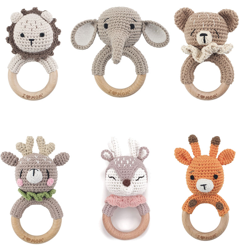 Baby Nursery Images - 赤ちゃんガラガラ DIY かぎ針編み漫画ライオンキツネ人形ハンドベル彫刻木製リング歯が生えるおもちゃ新生児臼歯おしゃぶり知育玩具