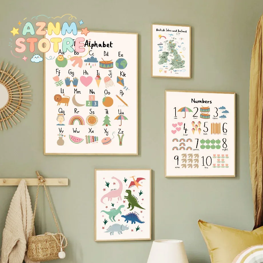 Baby Nursery Wall Decor - 動物世界地図 恐竜 アルファベット 数字 キャンバス ウォールアート