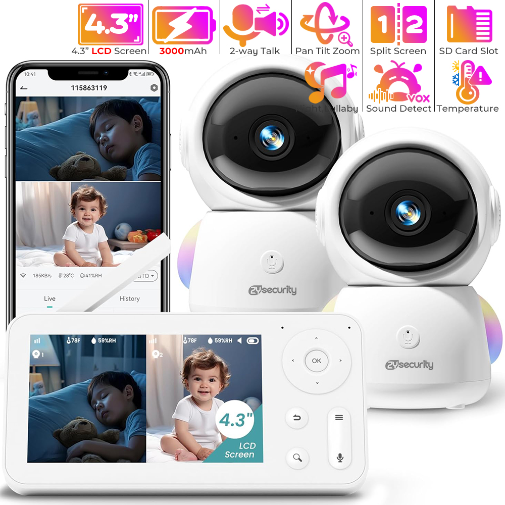 Baby Nursery Images - カメラとオーディオを備えたベビーモニター,常夜灯,2台のカメラ,wifi,スマートフォン,2.4g,保育園,ペット,高齢者向け,355 ° 回転,RGB, 2k