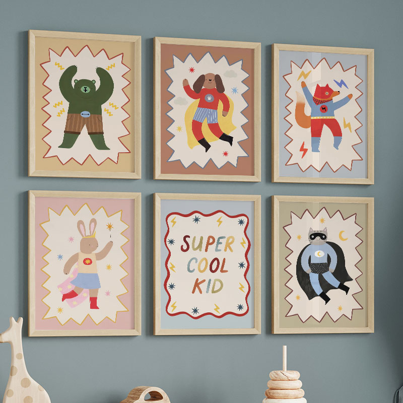 Baby Nursery Images - 面白い漫画の超クールな子供部屋の壁飾りキャンバス絵画、クマ、ウサギ、キツネのポスター＆プリント、赤ちゃん子供部屋の装飾用絵画