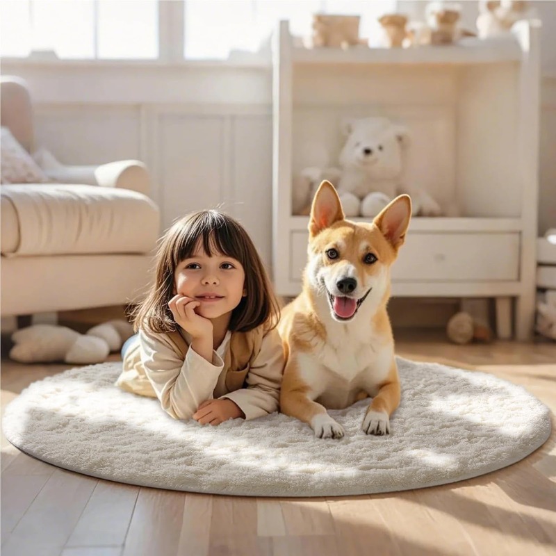 丸いクリーム色の柔らかいふわふわの円形カーペット、豪華なシャ - Baby Nursery Mat のレビューと価格