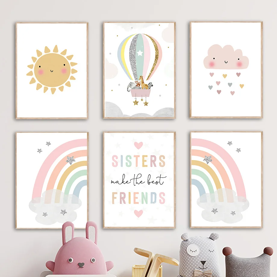 キリン象熱気球太陽虹保育園北欧ポスターやプリント壁アートキャ - Baby Nursery Images のレビューと価格