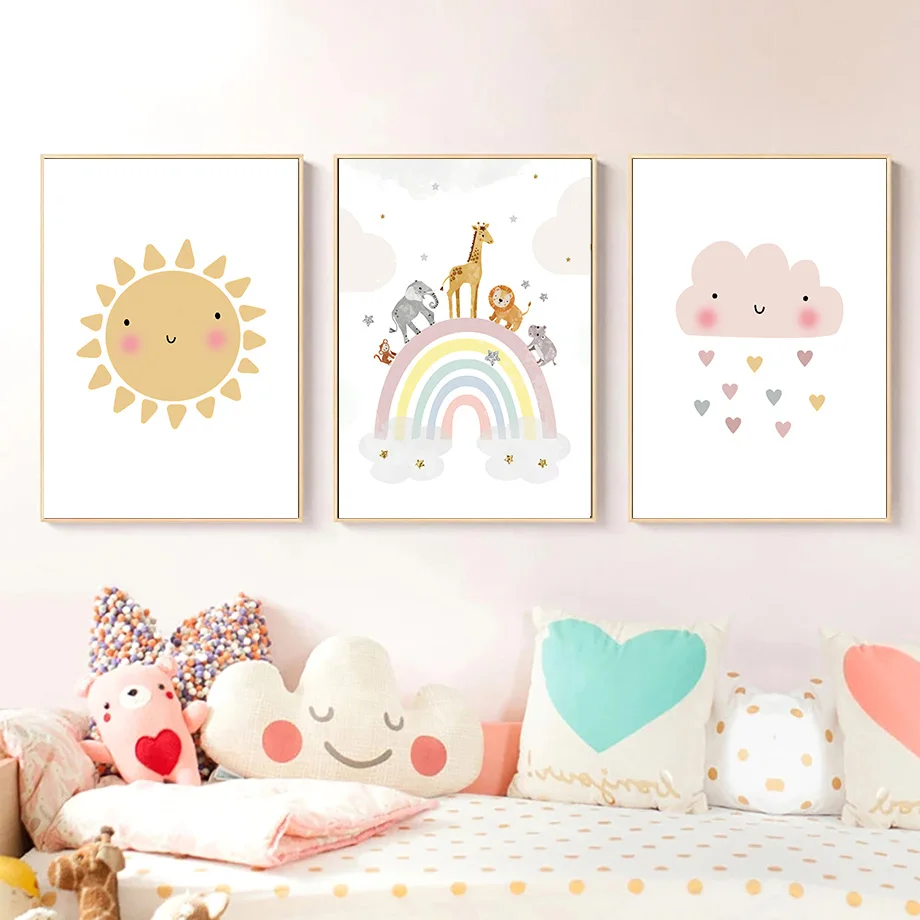 キリン象熱気球太陽虹保育園北欧ポスターやプリント壁アートキャ - Baby Nursery Images のレビューと価格