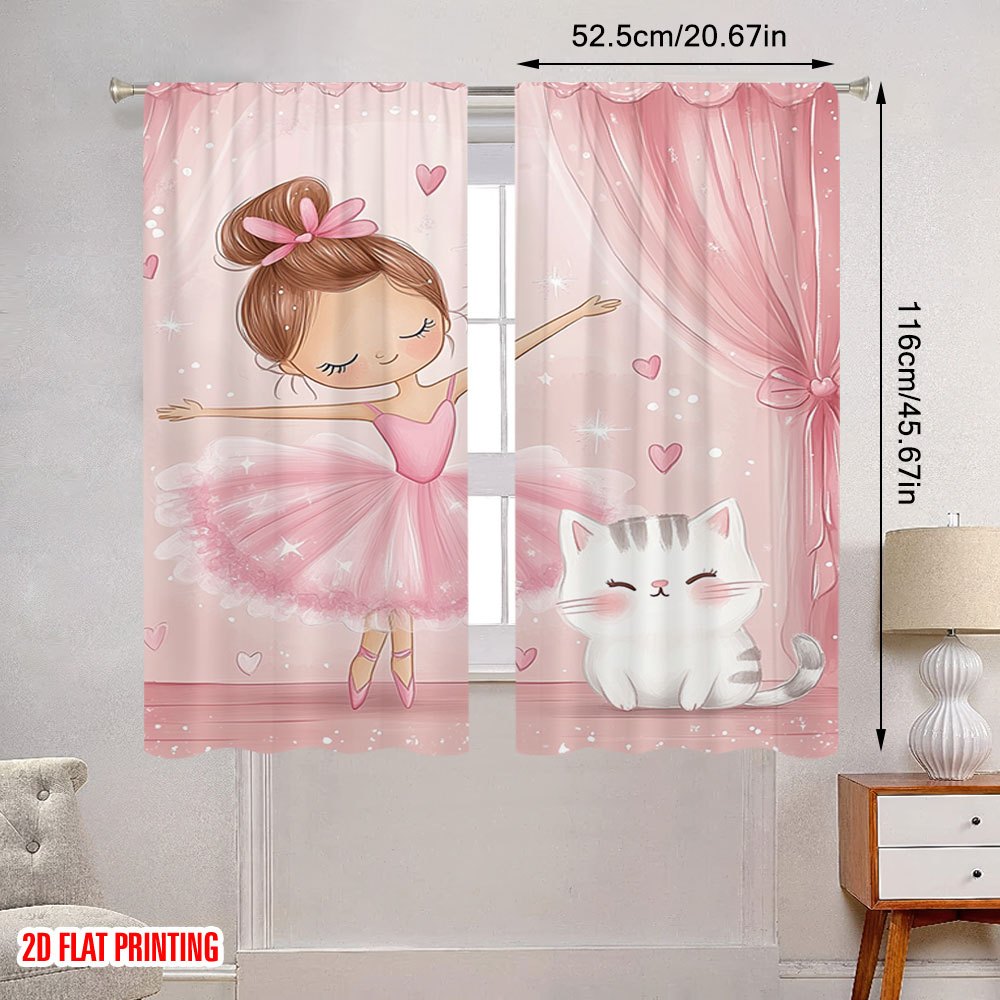 ピンクのバレリーナと猫の遮光カーテン - かわいい漫画の女の - Baby Nursery Blackout Curtains のレビューと価格