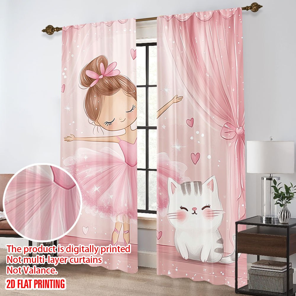 ピンクのバレリーナと猫の遮光カーテン - かわいい漫画の女の - Baby Nursery Blackout Curtains のレビューと価格