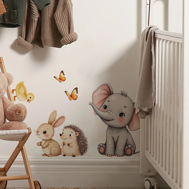 漫画の動物の壁ステッカー - 象バニーハリネズミ保育園デカー - Baby Nursery Wall Decor のレビューと価格