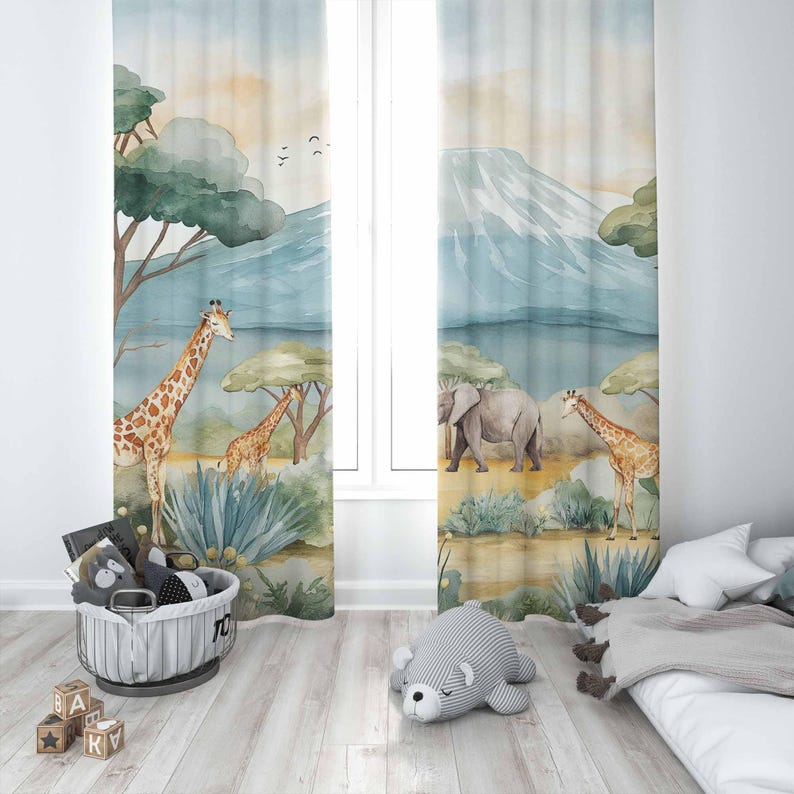 サファリ動物子供用カーテン男の子の部屋カーテン遮光カーテン保 - Baby Nursery Blackout Curtains のレビューと価格