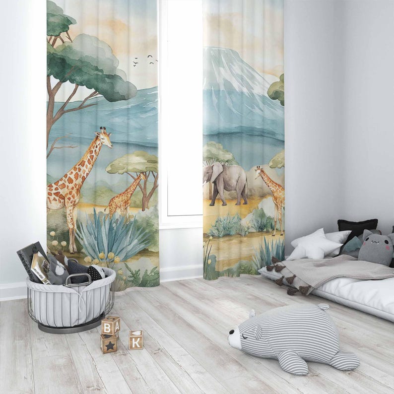 サファリ動物子供用カーテン男の子の部屋カーテン遮光カーテン保 - Baby Nursery Blackout Curtains のレビューと価格