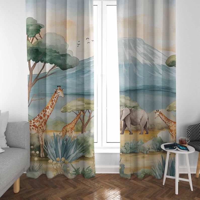サファリ動物子供用カーテン男の子の部屋カーテン遮光カーテン保 - Baby Nursery Blackout Curtains のレビューと価格