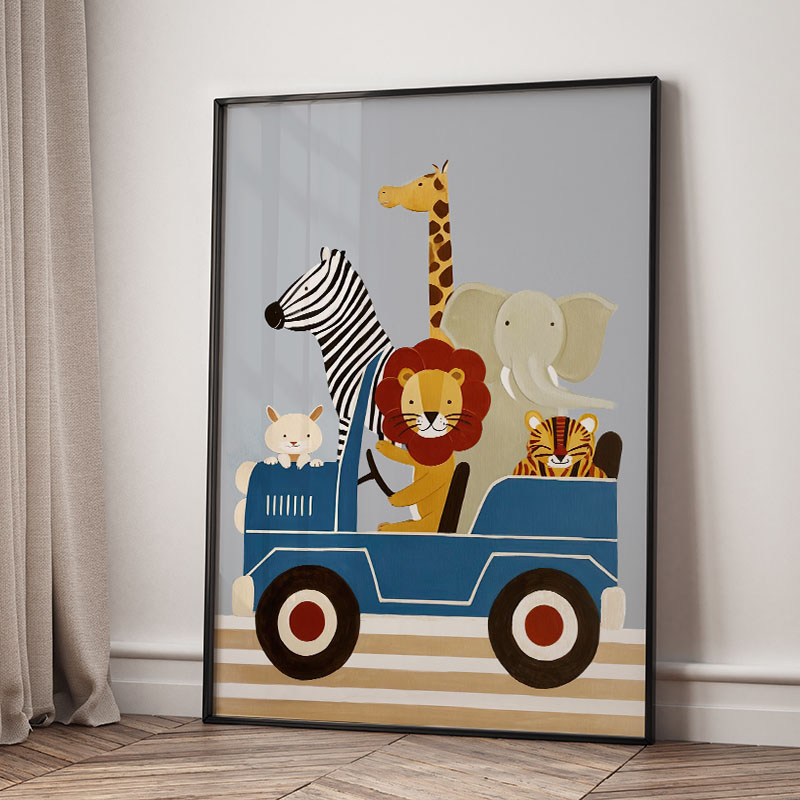 面白い漫画の動物車風船保育園ウォールアートキャンバス絵画ライ - Baby Nursery Images のレビューと価格