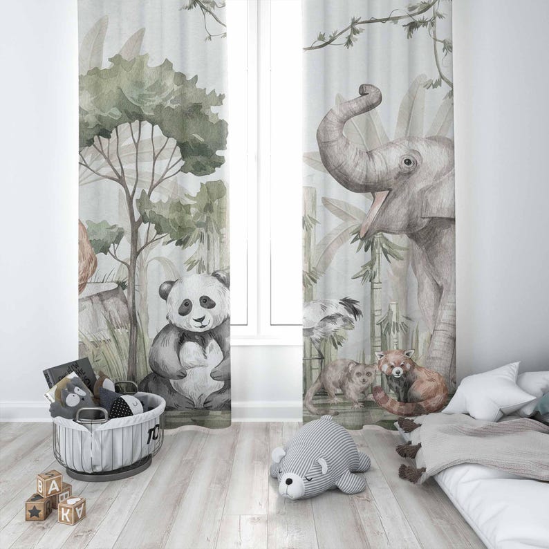 サファリ動物カーテン子供の寝室のカーテンプレイルームブラック - Baby Nursery Blackout Curtains のレビューと価格