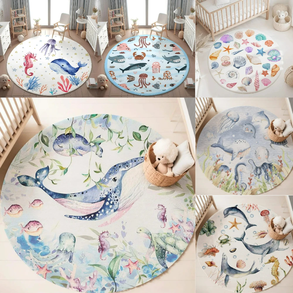ブルーマリンアニマルラウンドカーペット リビングルーム用 女 - Baby Nursery Mat のレビューと価格