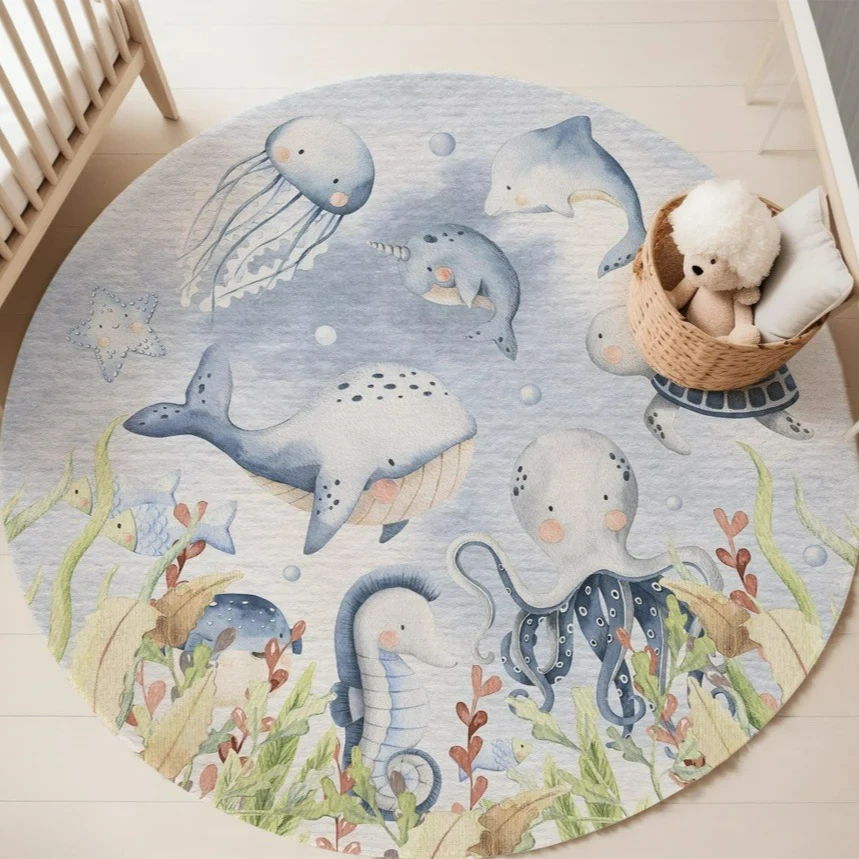 ブルーマリンアニマルラウンドカーペット リビングルーム用 女 - Baby Nursery Mat のレビューと価格
